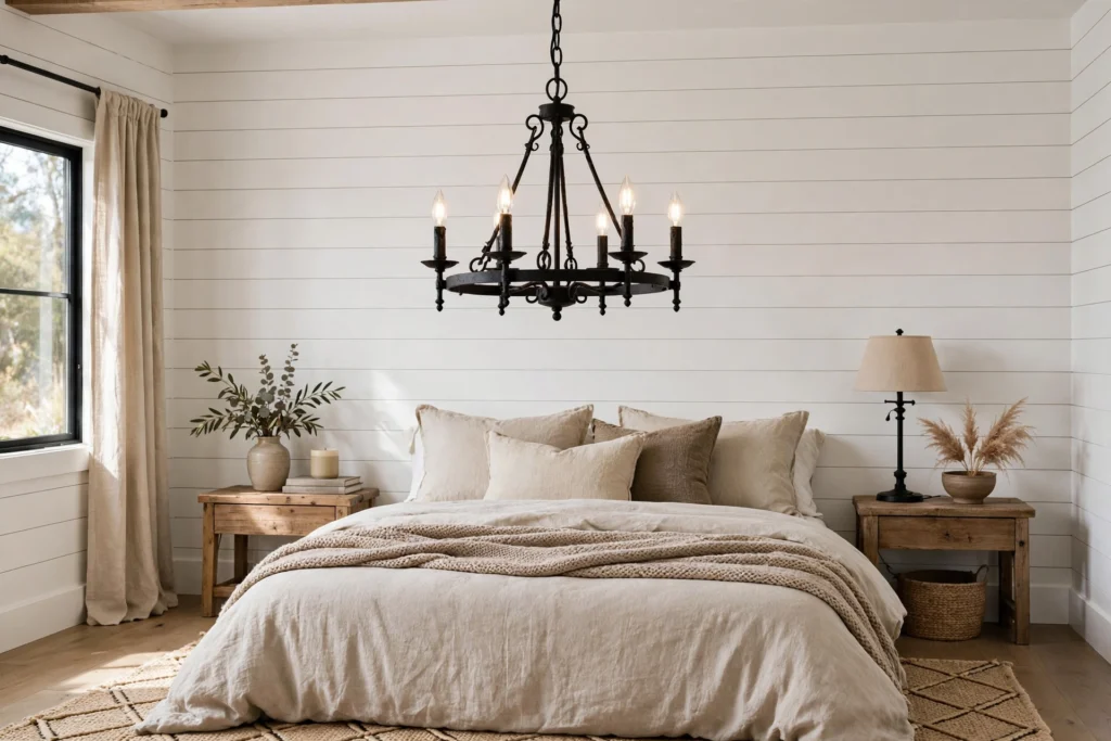 Black iron farmhouse chandelier contrasting white shiplap bedroom walls