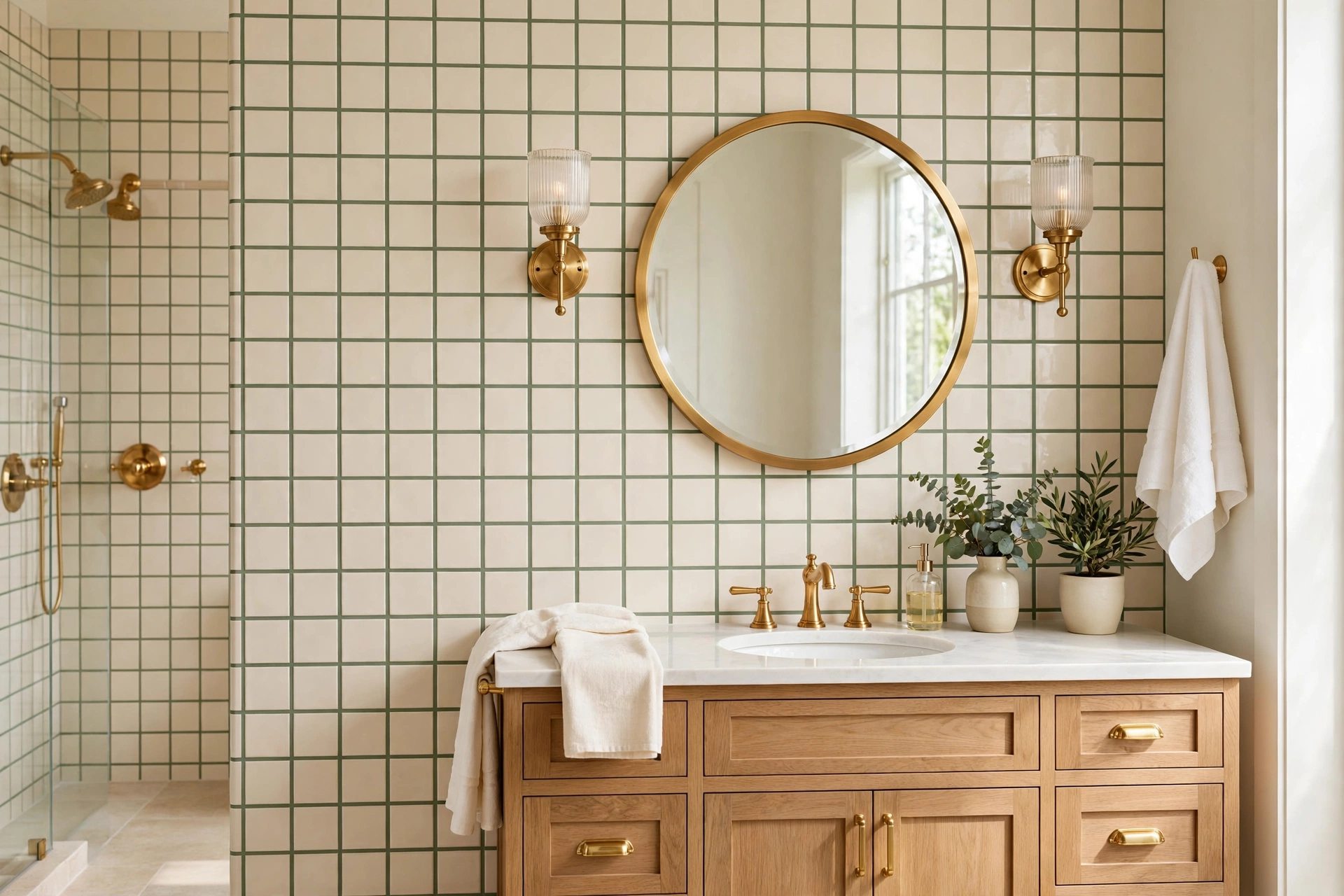 Cream tile bathroom wall with sage green grout lines and brass fixtures