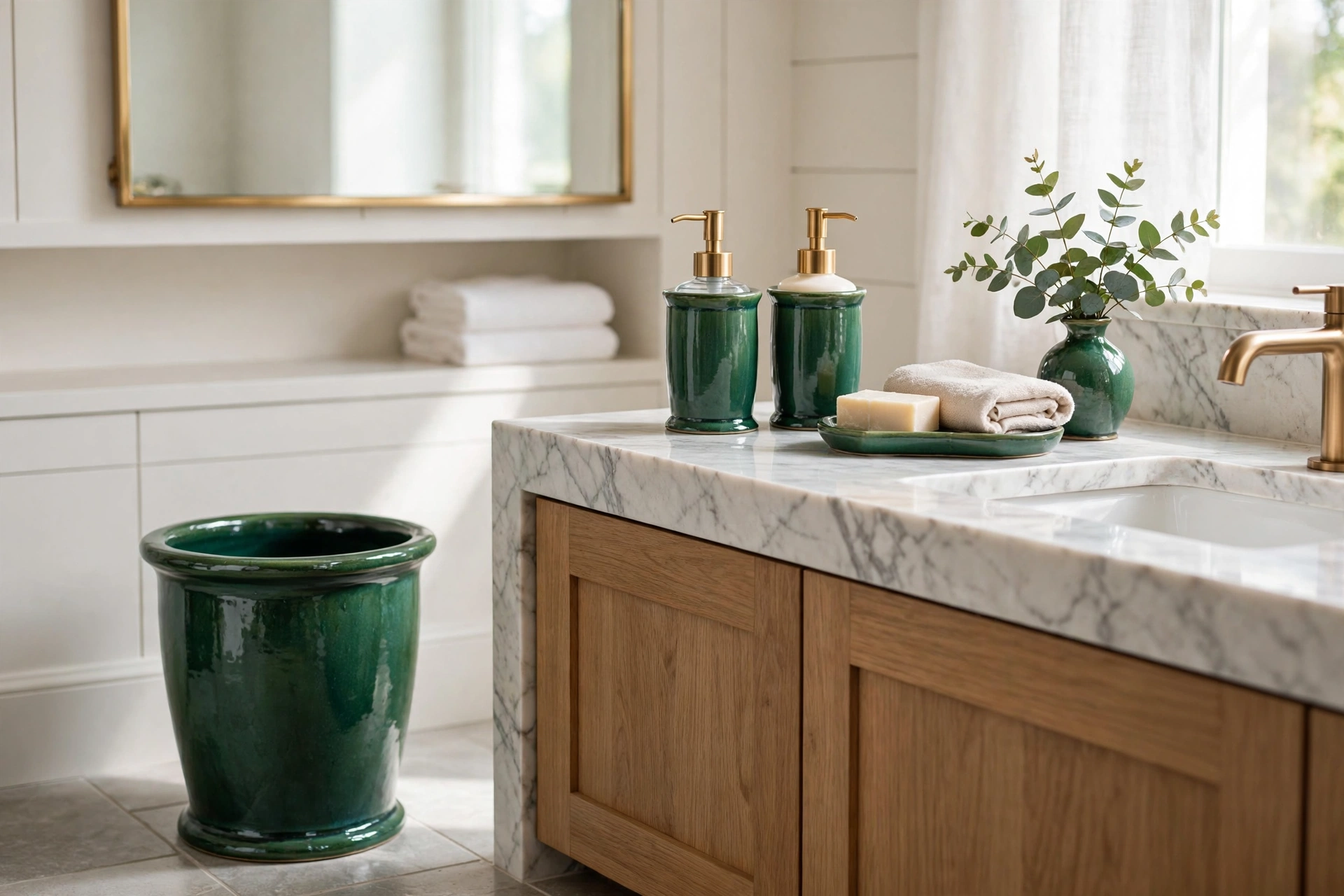 Glazed emerald ceramic wastebasket styled beside a bathroom soap dispenser set