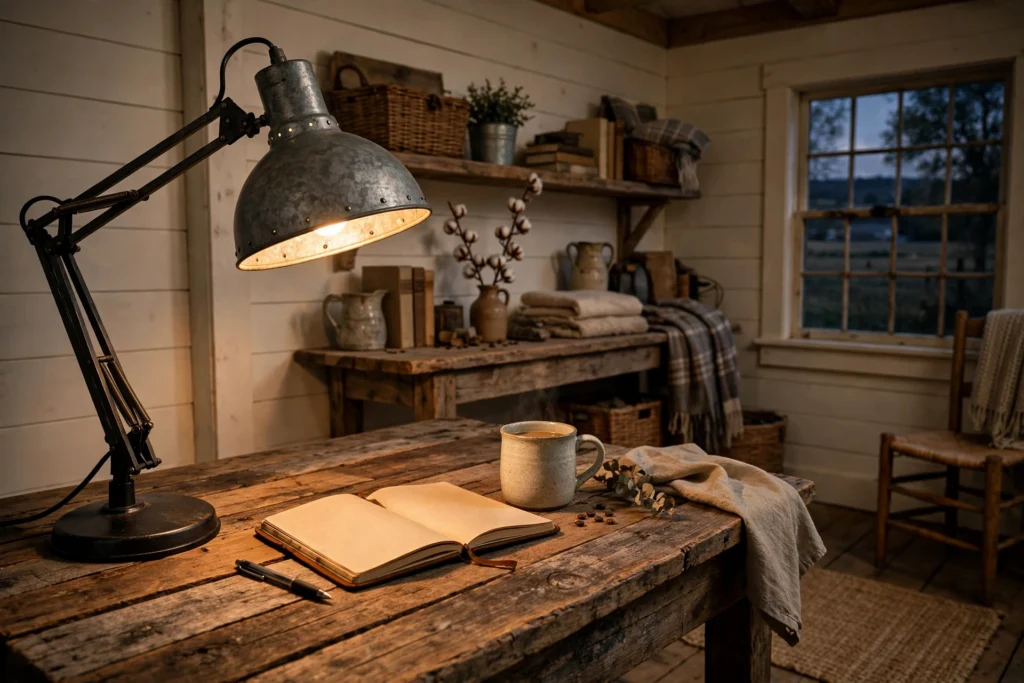 Galvanized metal desk lamp glowing on a farmhouse office desk