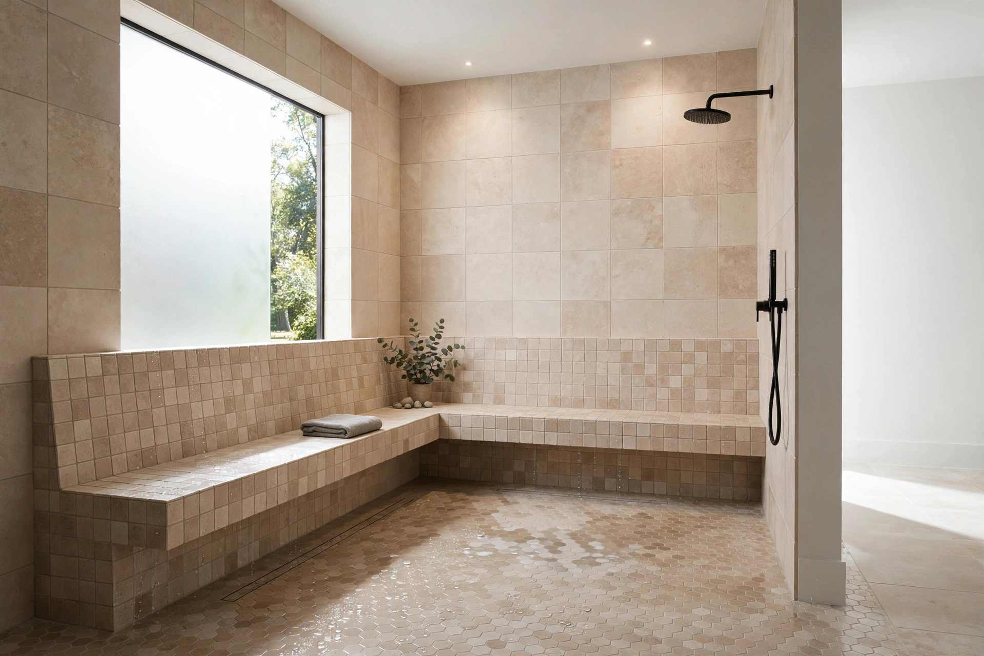 L-shaped wraparound tiled bench in a spacious walk-in shower
