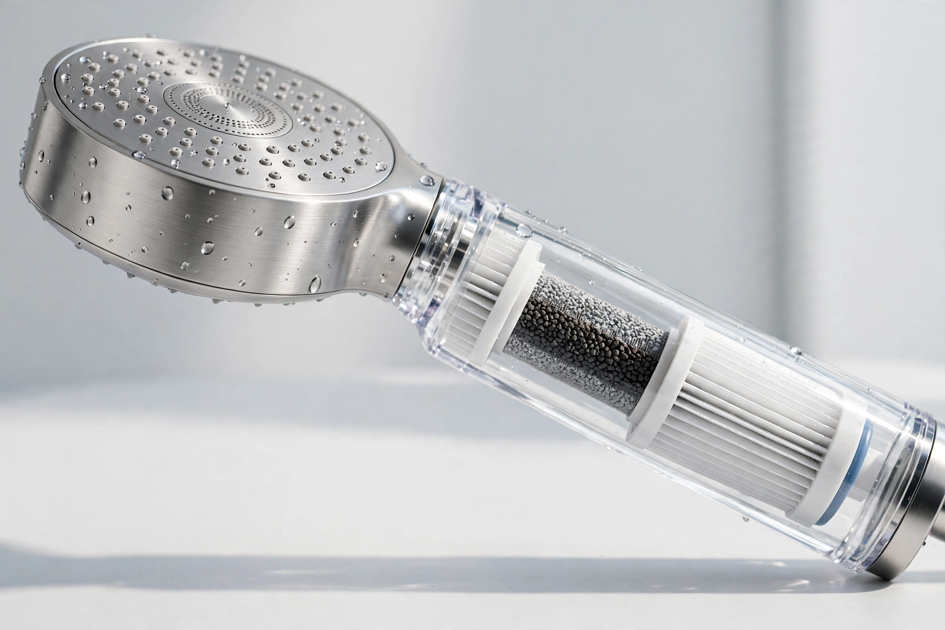 Filtered shower head with a transparent handle showing the water filter cartridge