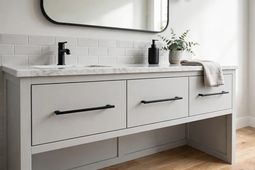 Matte black bar pulls contrasting sharply on a light gray bathroom vanity