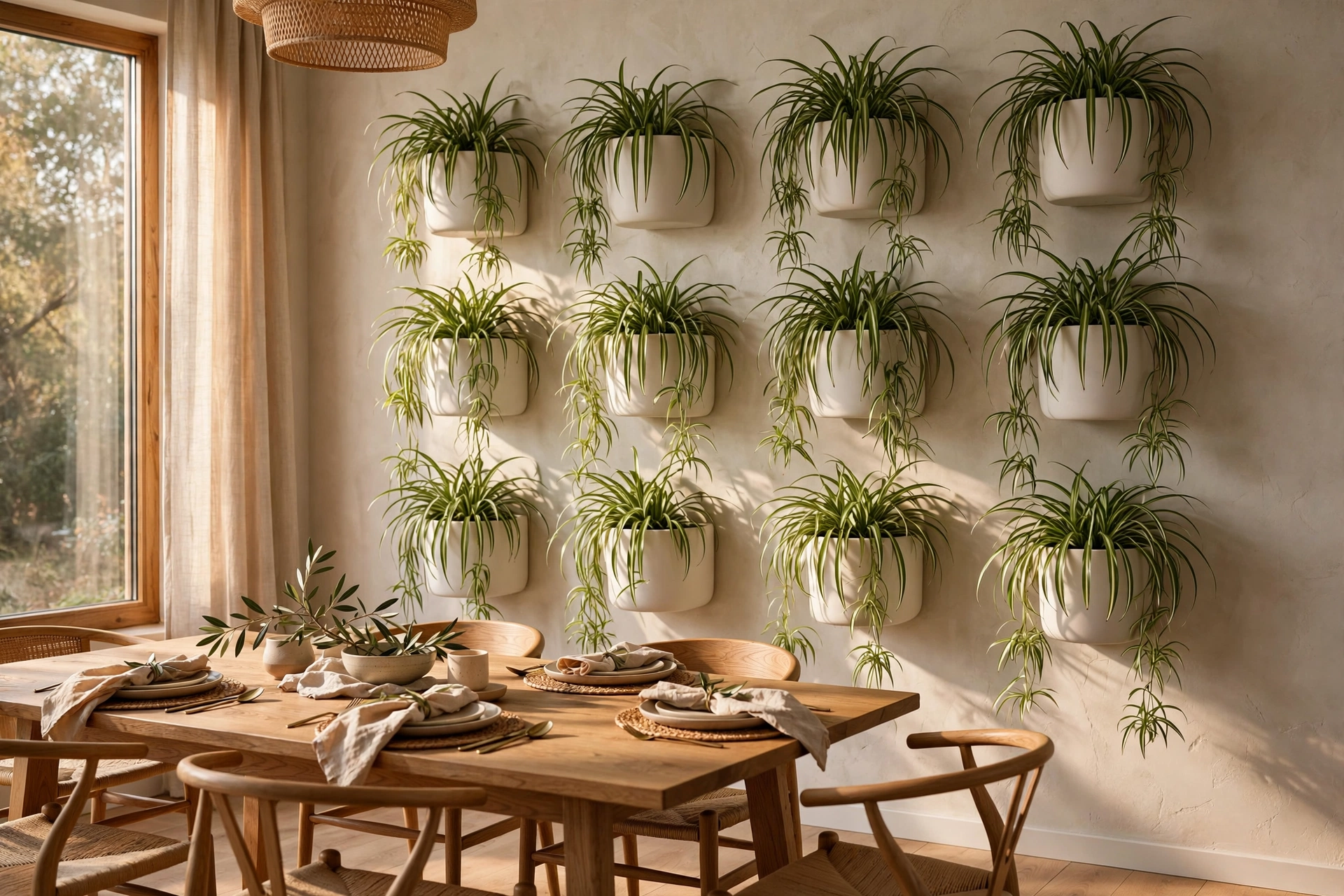 Ceramic wall-mounted planters with trailing spider plants as living wall art