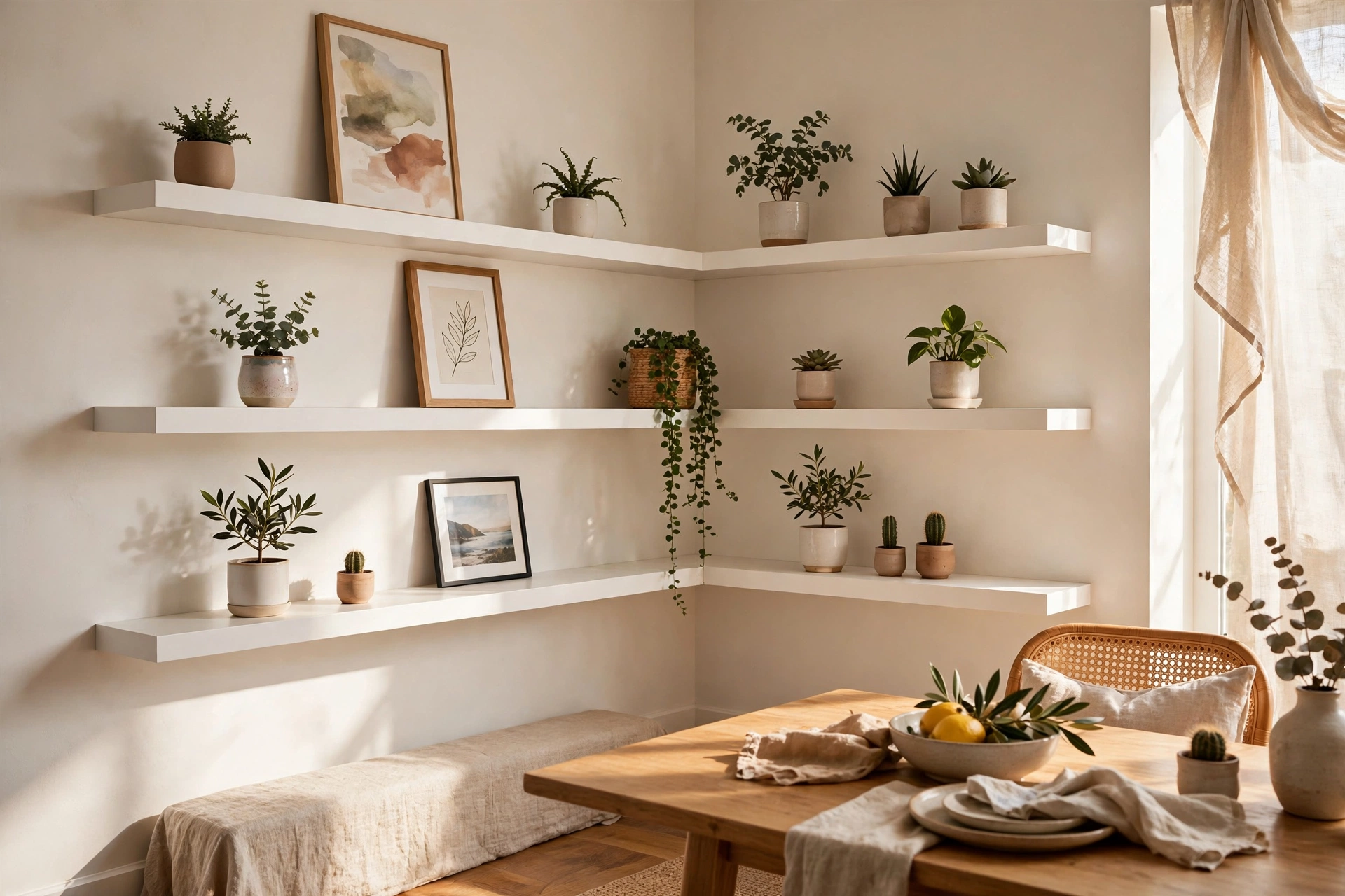 White floating shelves wrapping a dining room corner with small plants and art