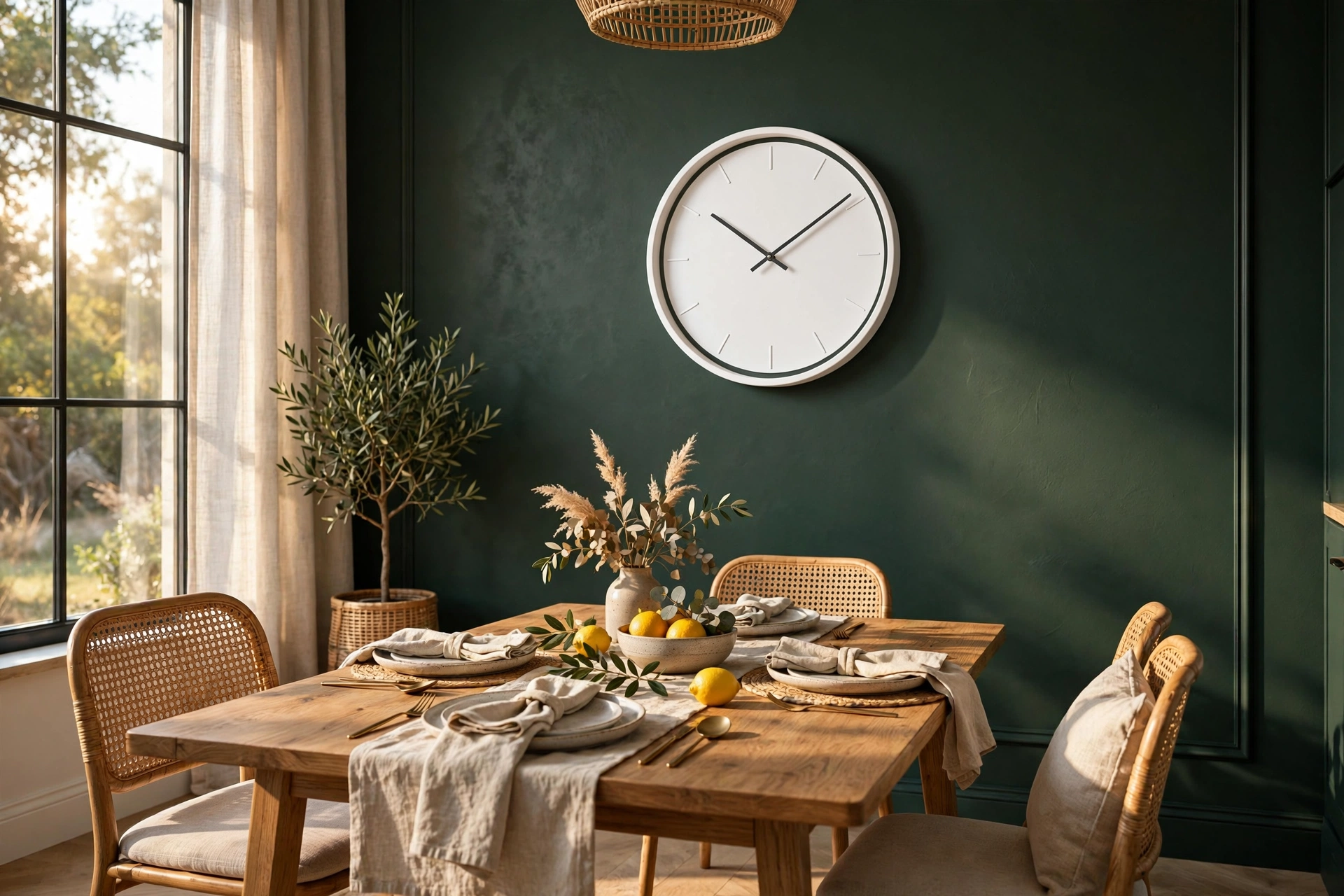 White modern clock standing out against a dark green dining room accent wall