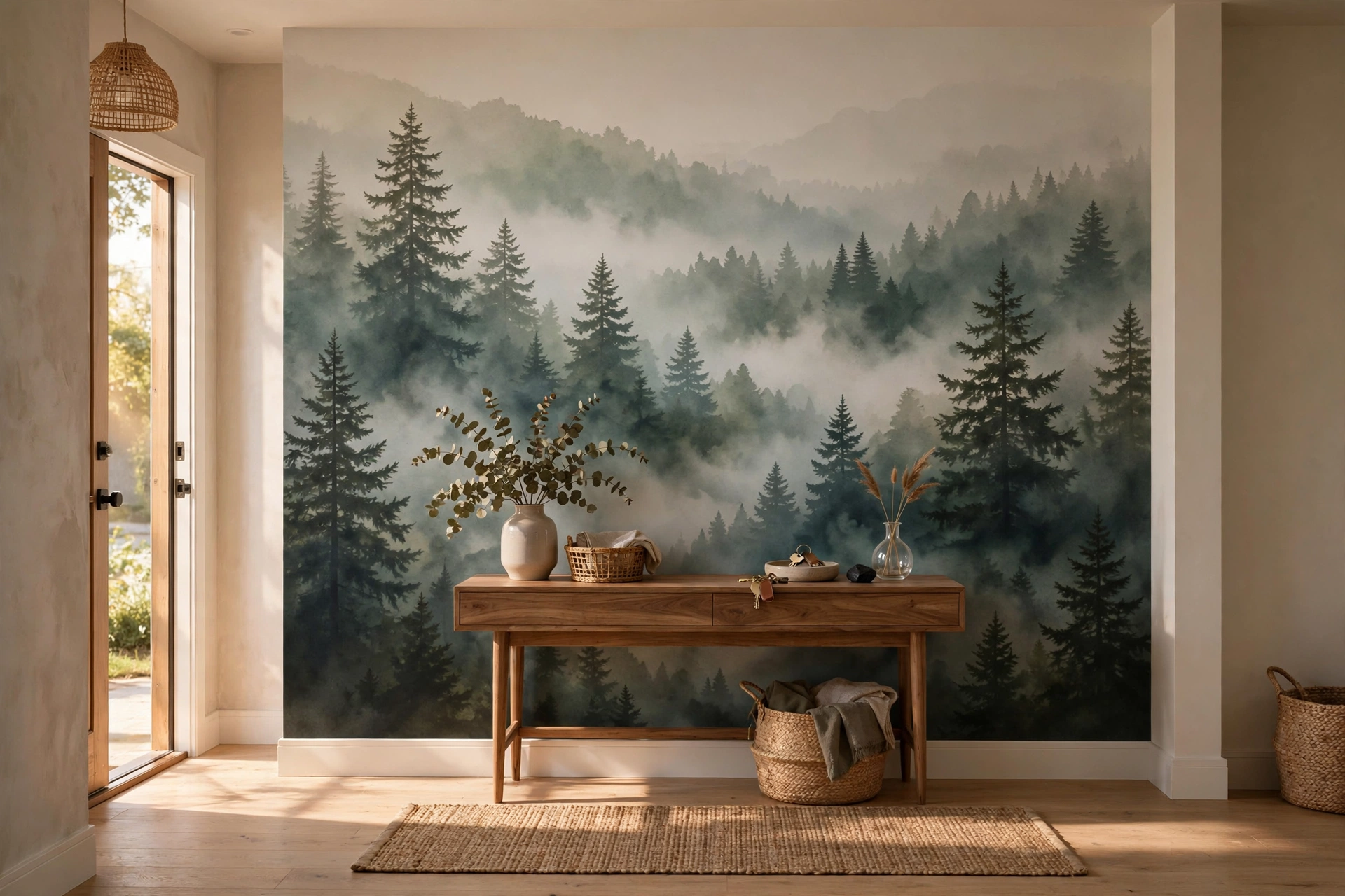 Entryway accent wall with a large misty forest mural behind a console table