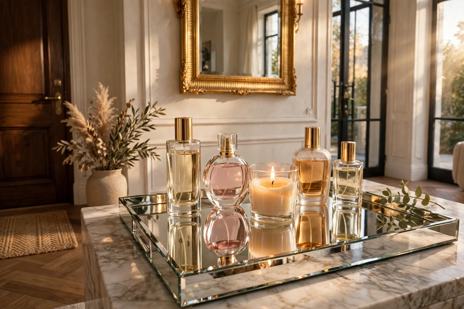 Mirrored tray with perfume bottles and a candle reflecting light in a glam entryway