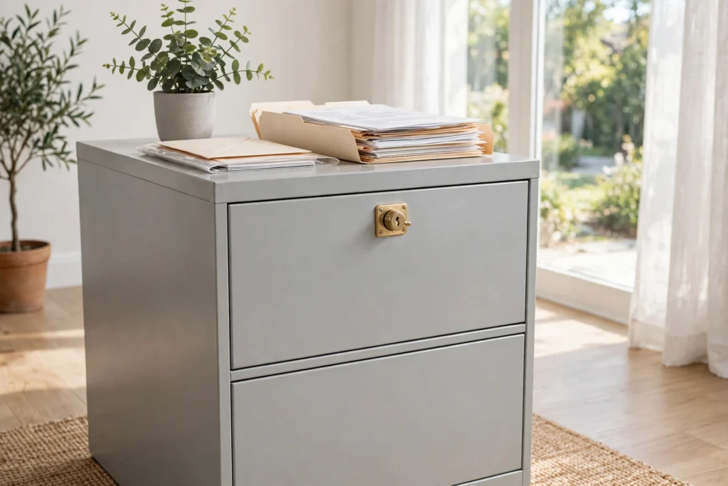 Locking steel filing cabinet with cam lock securing important home documents