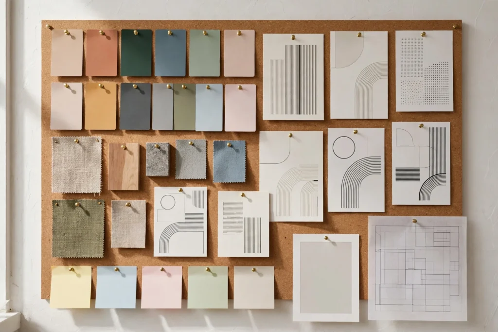 Project-specific mood board with color swatches, typography samples, and milestone notes pinned up