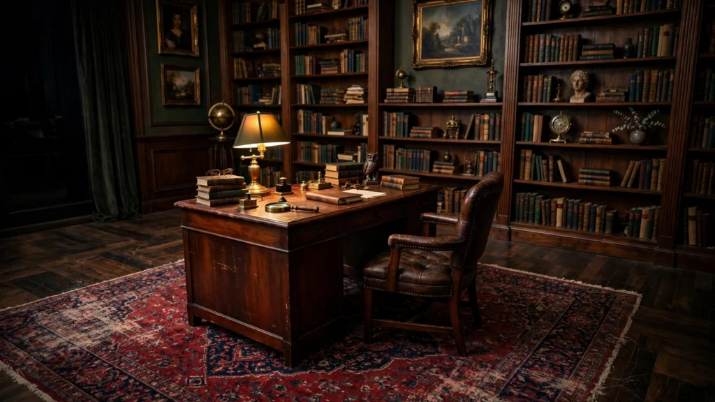 Worn Persian rug in deep reds and navy layered over dark wood floors in a moody office