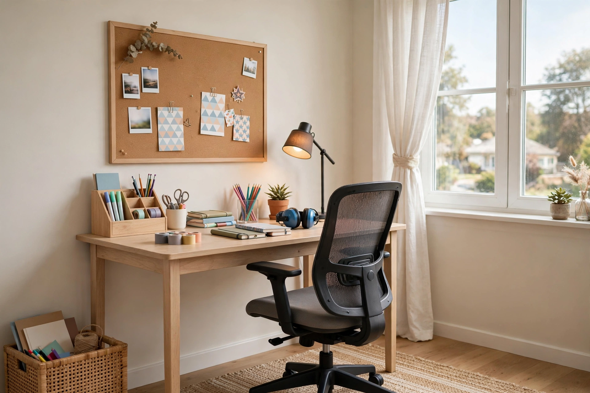 Tween study desk with ergonomic chair, supply organizers, and pinboard near a window
