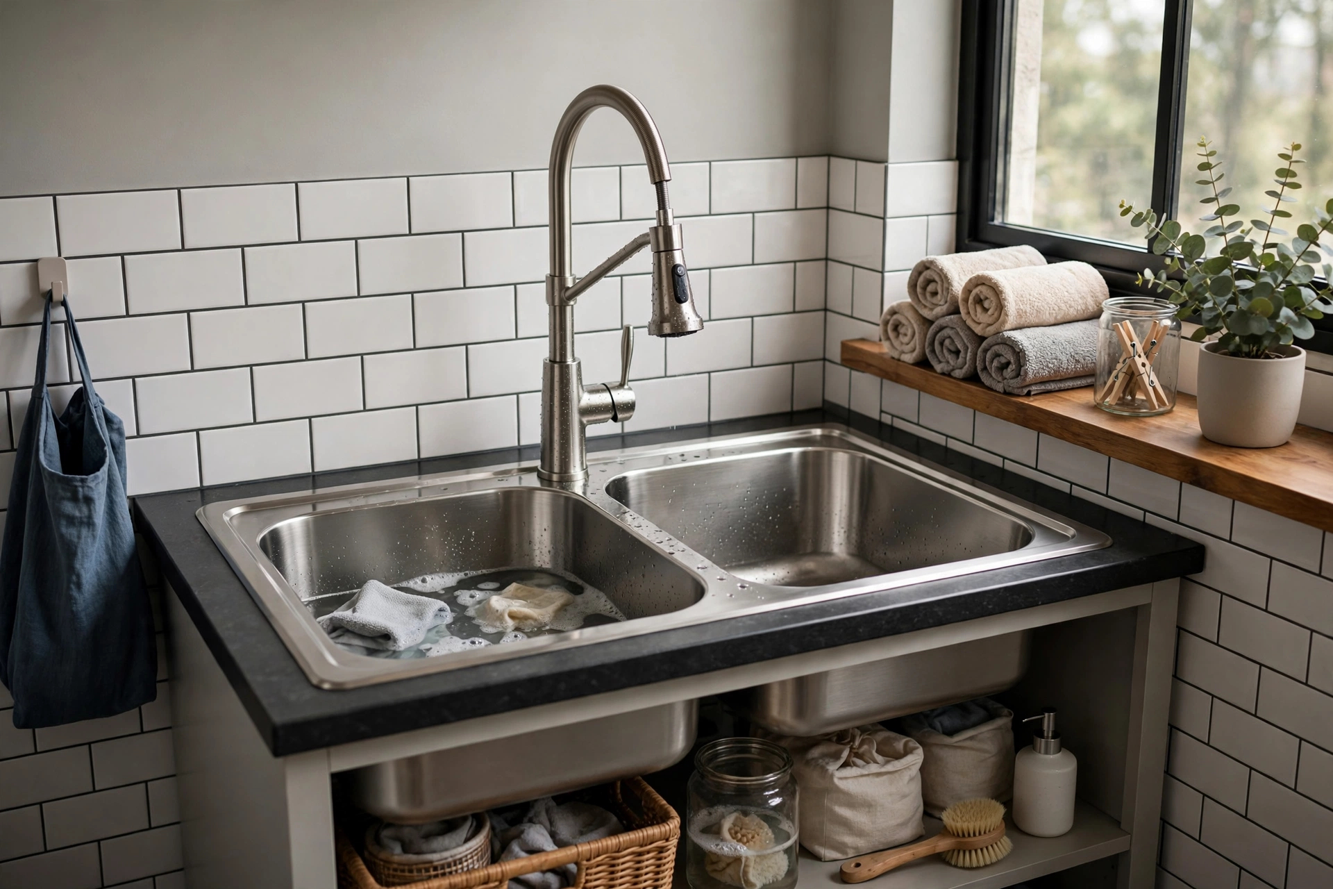 Double-basin stainless steel laundry sink with pull-down faucet for soaking and rinsing