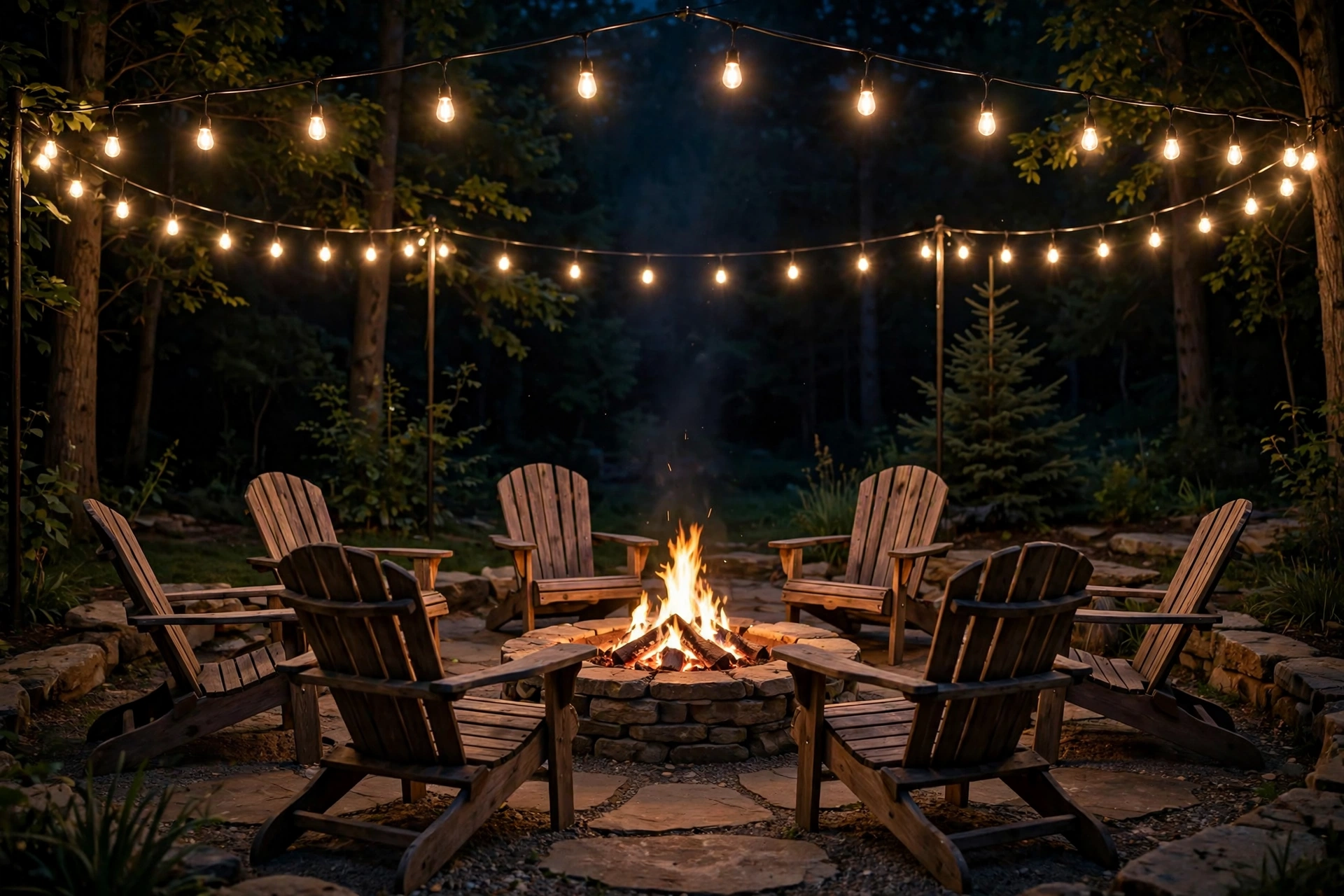 String lights ringing an outdoor fire pit with surrounding chairs