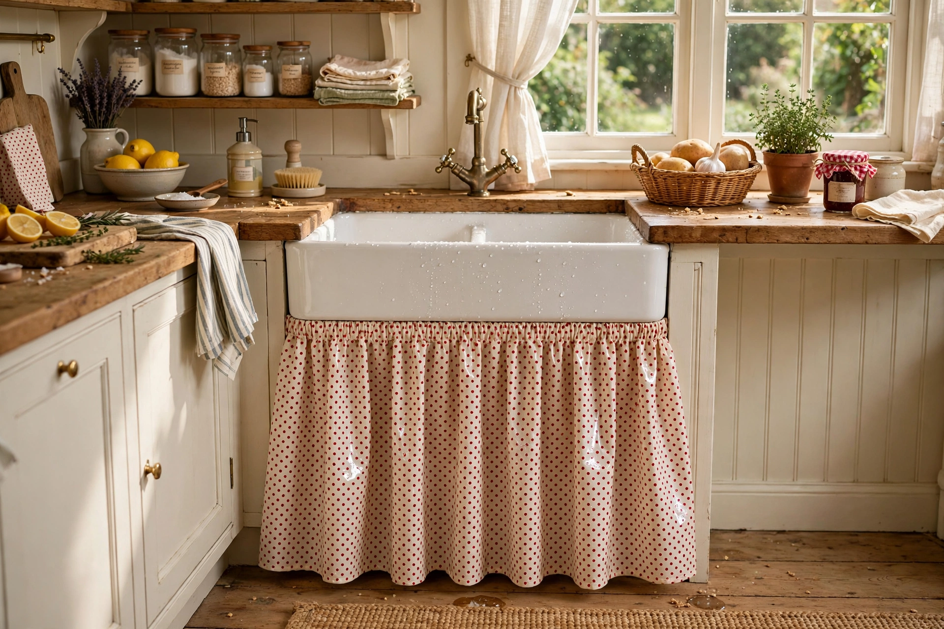 Retro polka dot oilcloth sink skirt that wipes clean in a family cottage kitchen