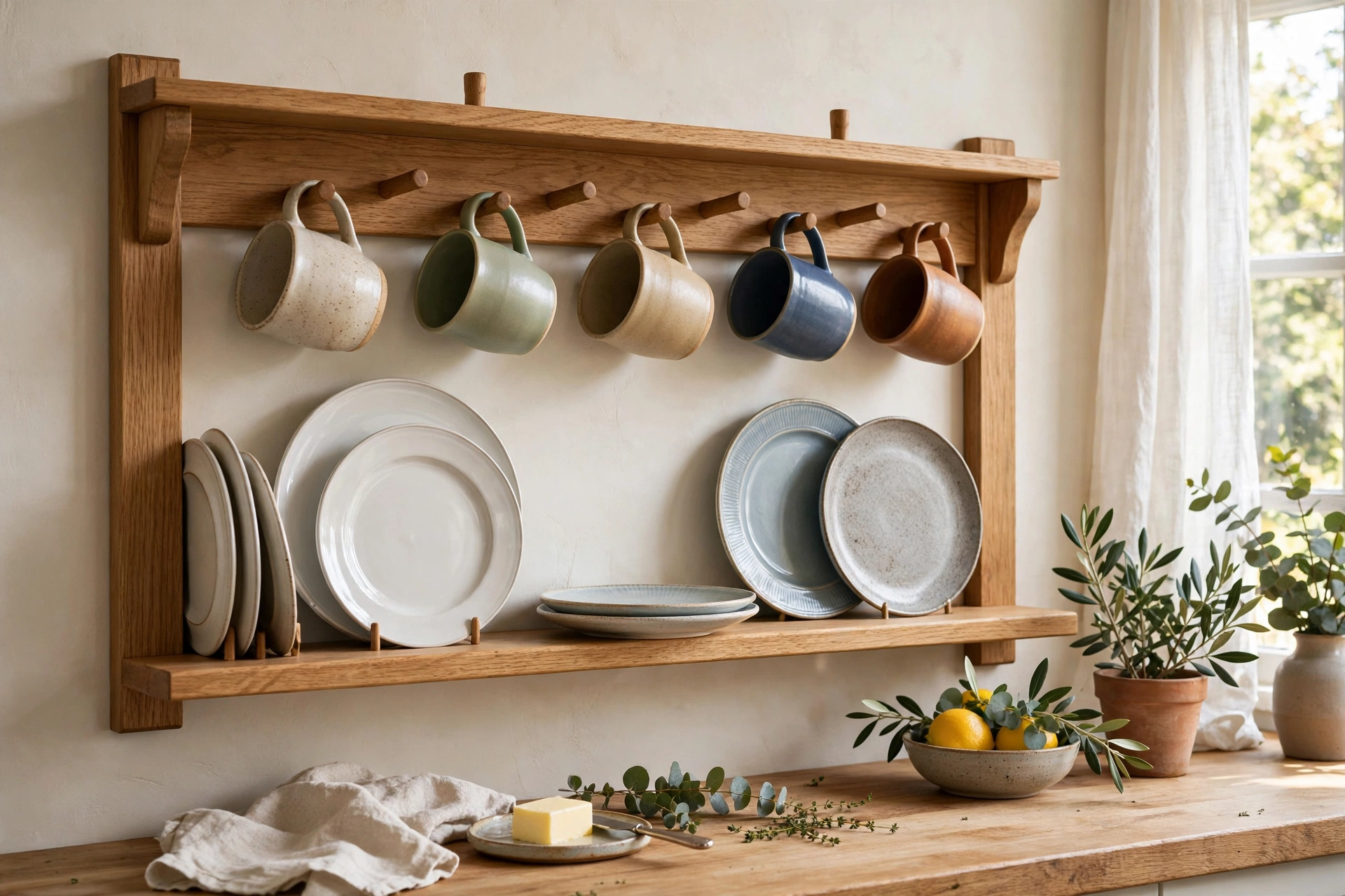 Shaker-style peg rail with a plate ledge holding mugs above and plates below