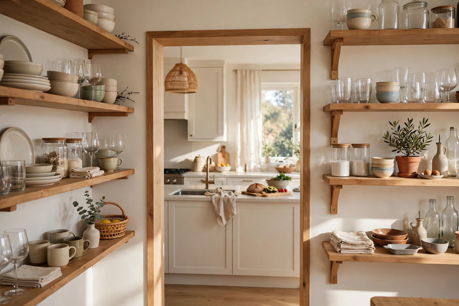 Kitchen pass-through flanked by open shelves displaying dishes and glassware on both sides
