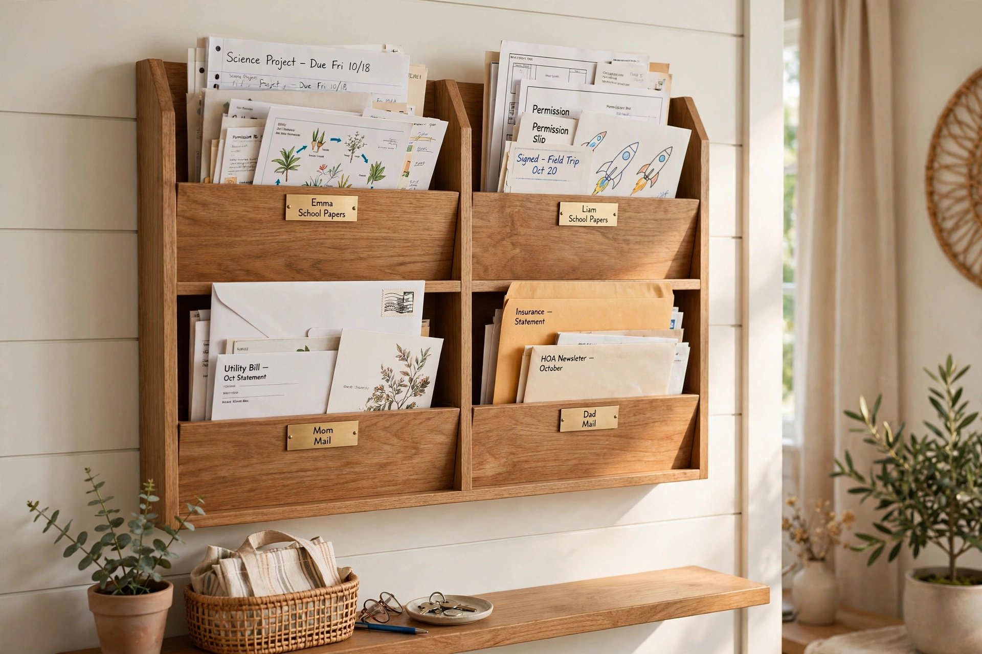 Wall-mounted file slots labeled per family member for school papers and mail