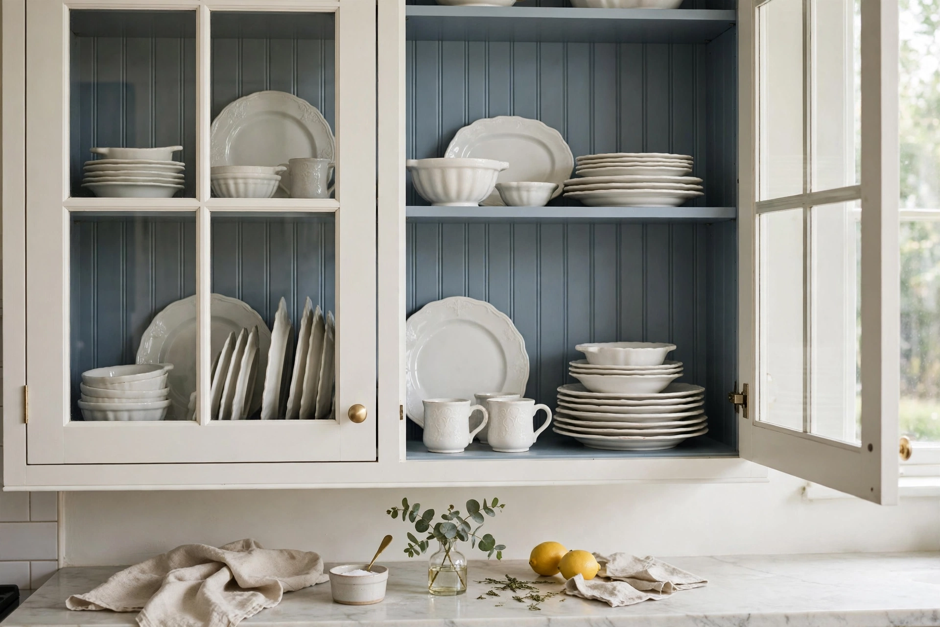 Glass-front kitchen cabinets lined with blue-gray beadboard behind white ironstone dishes