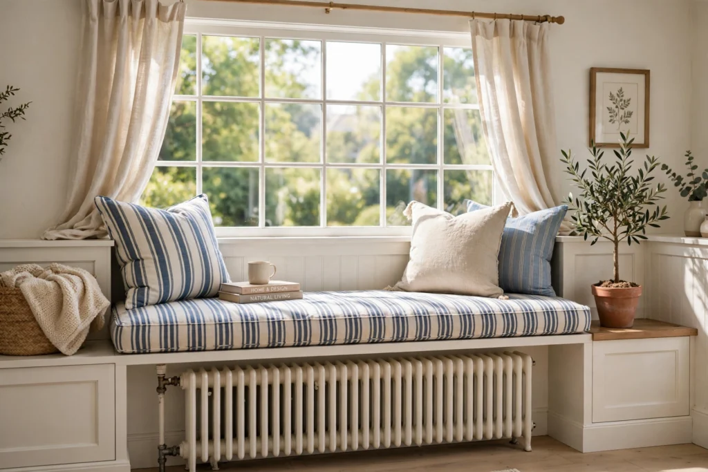 Built-in window seat over a radiator with striped cushion and pillows