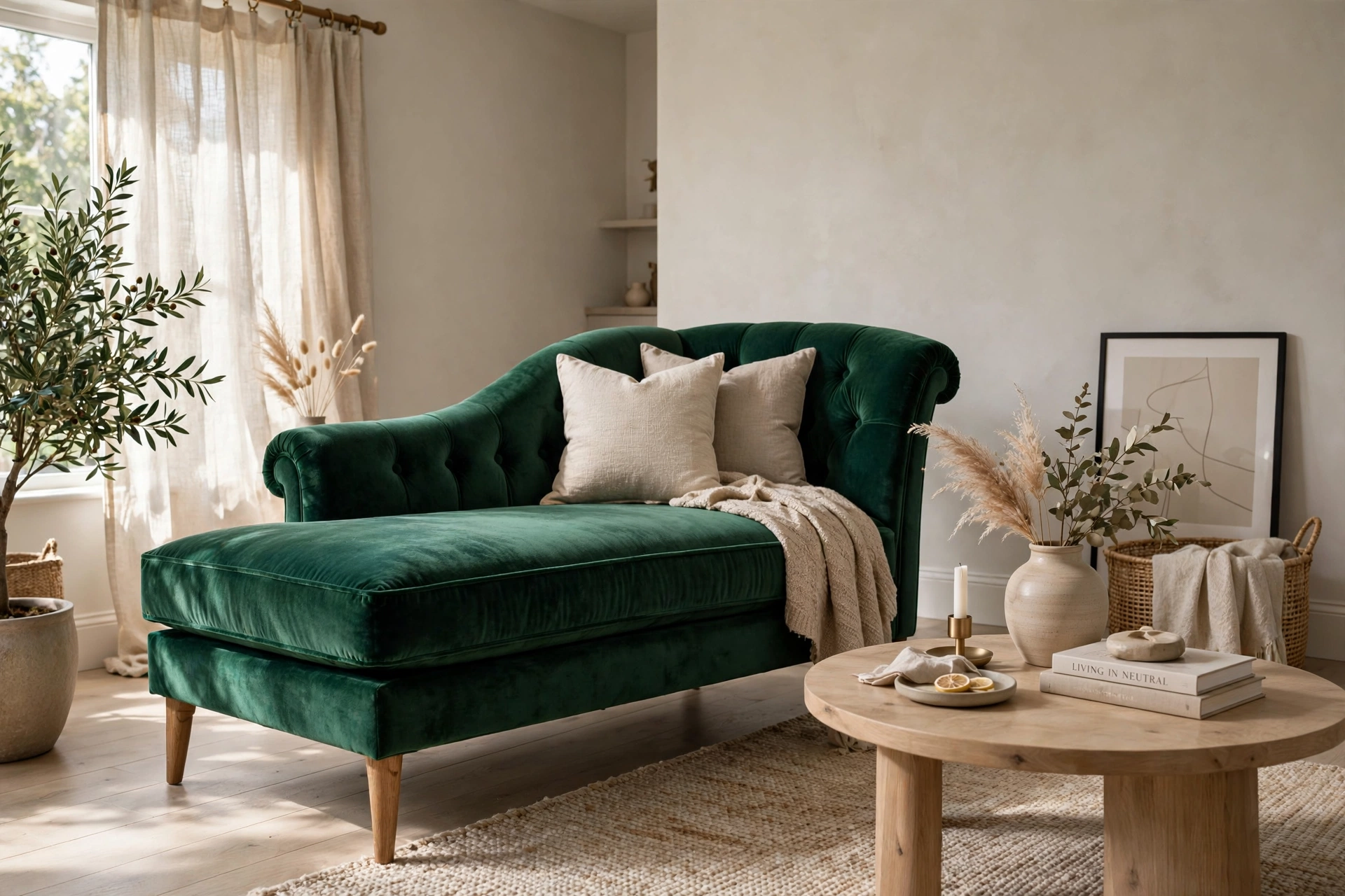 Emerald velvet chaise lounge as a bold statement in a neutral room