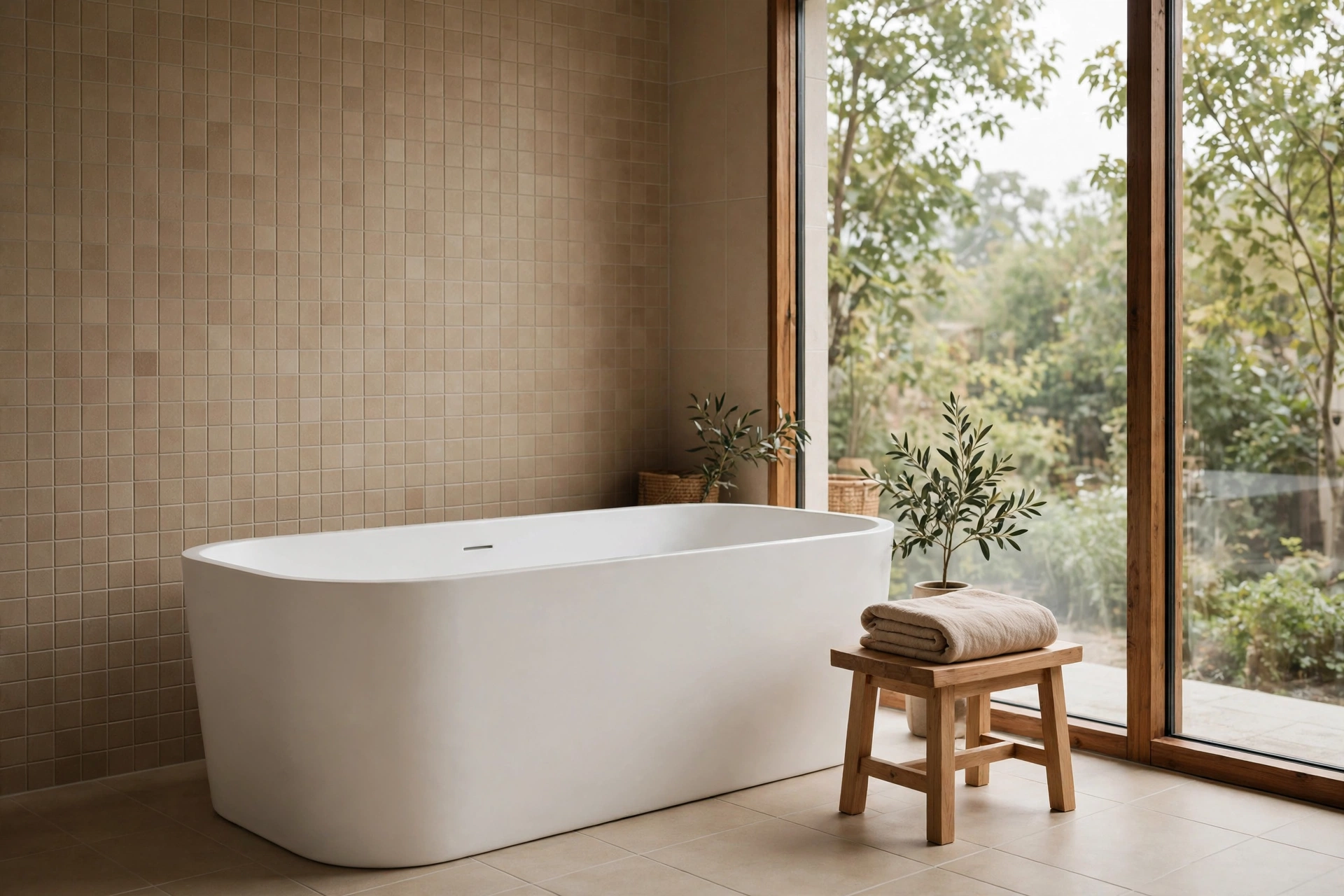 Deep freestanding soaking tub by a window with wooden bath stool