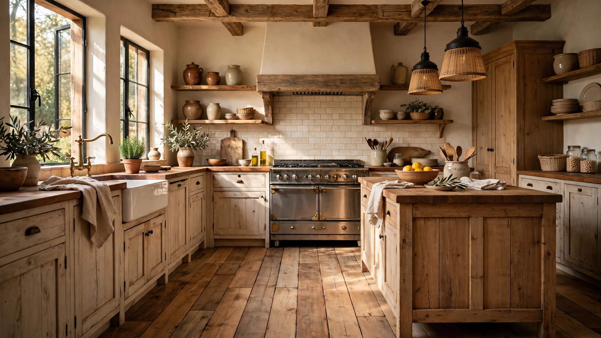 Wide plank wood floors bringing warmth to a rustic kitchen