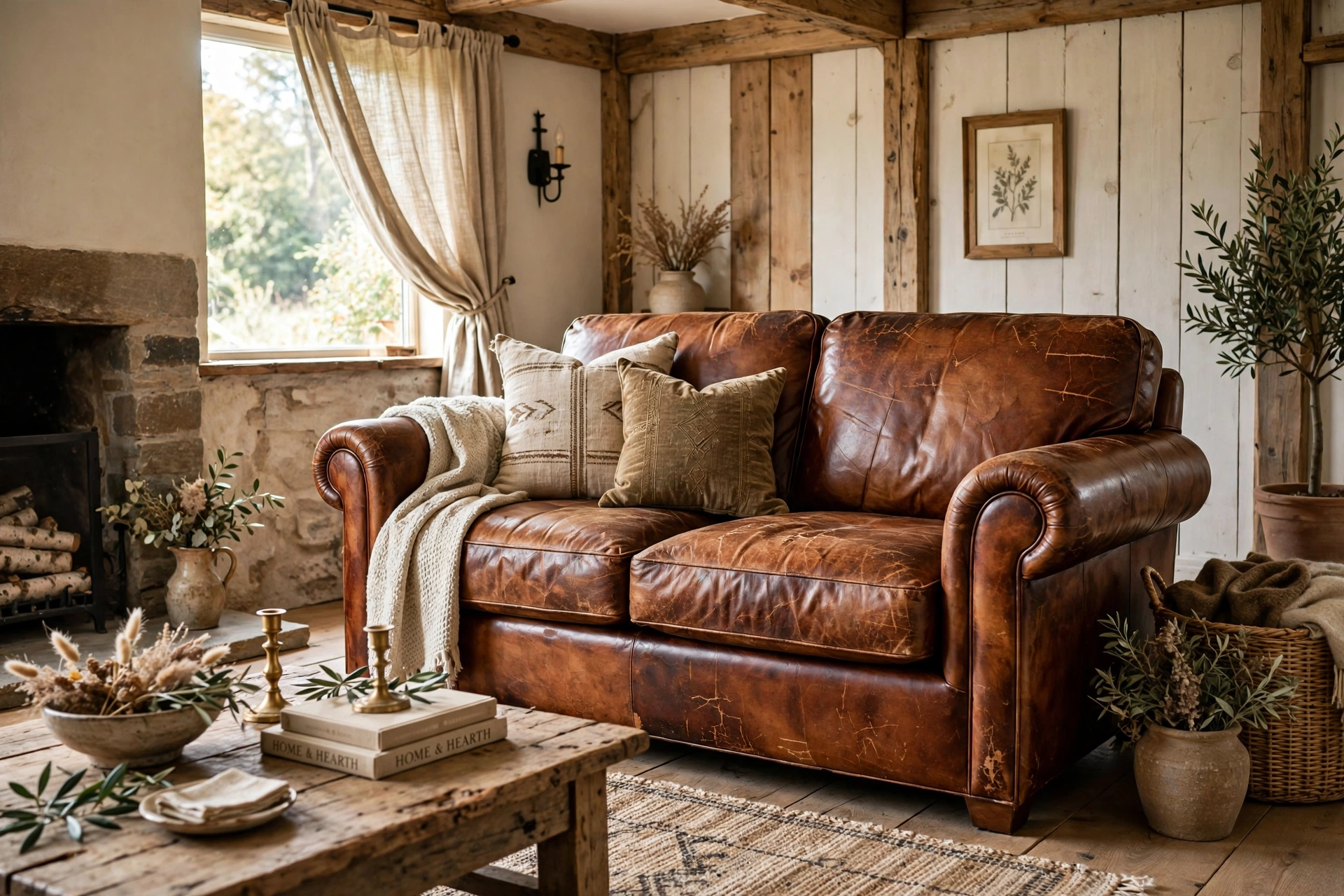 Cognac leather loveseat with beautiful aged patina in a rustic living room