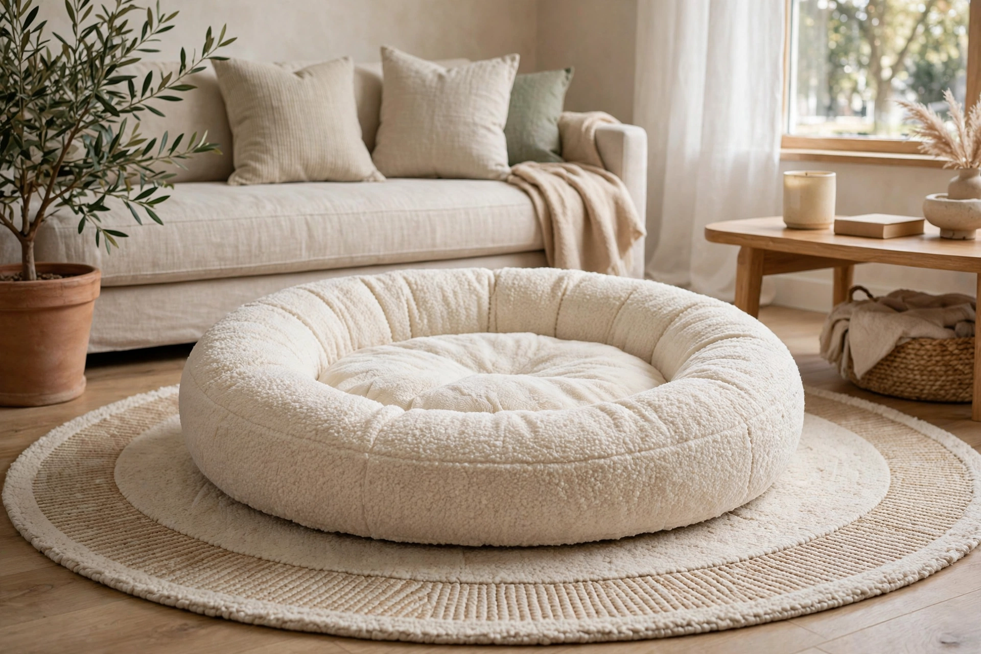 Round donut dog bed placed on a coordinating round living room rug