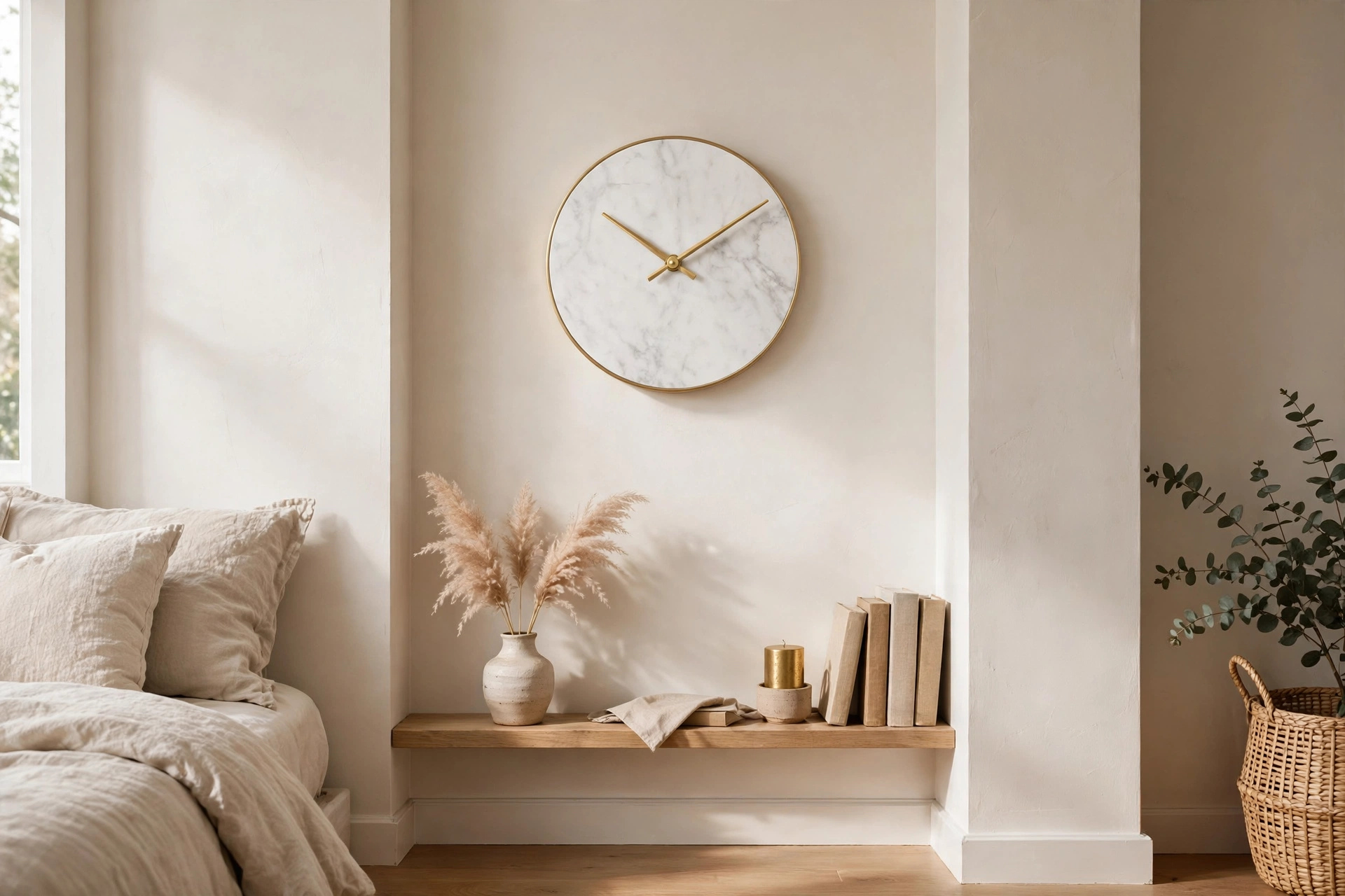 Slim white marble clock with gold hands on a narrow bedroom wall