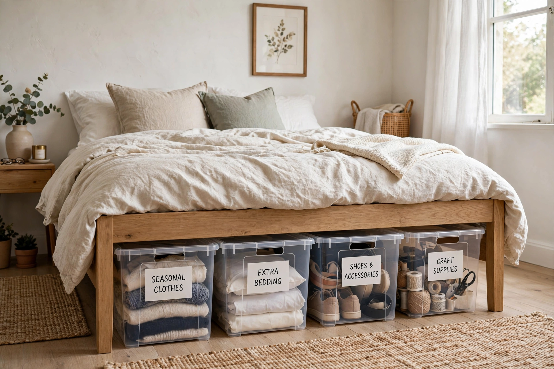 Clear labeled plastic bins organized under a bed in a small bedroom