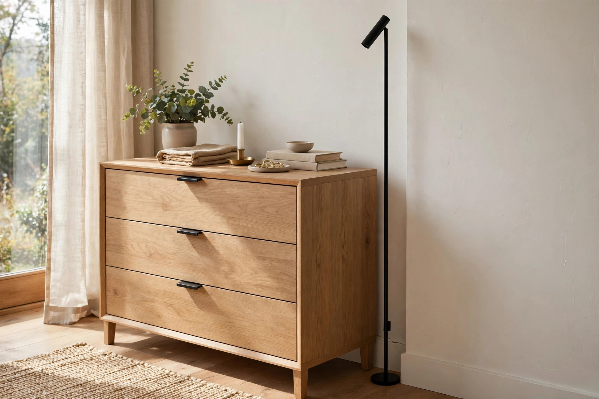 Slim black minimalist floor lamp tucked between a dresser and bedroom wall
