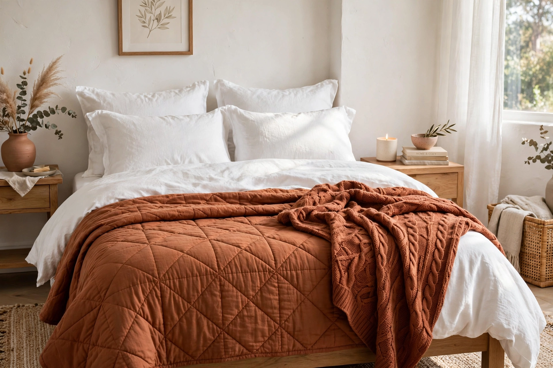 White base bedding with terracotta quilt and throw adding warm color