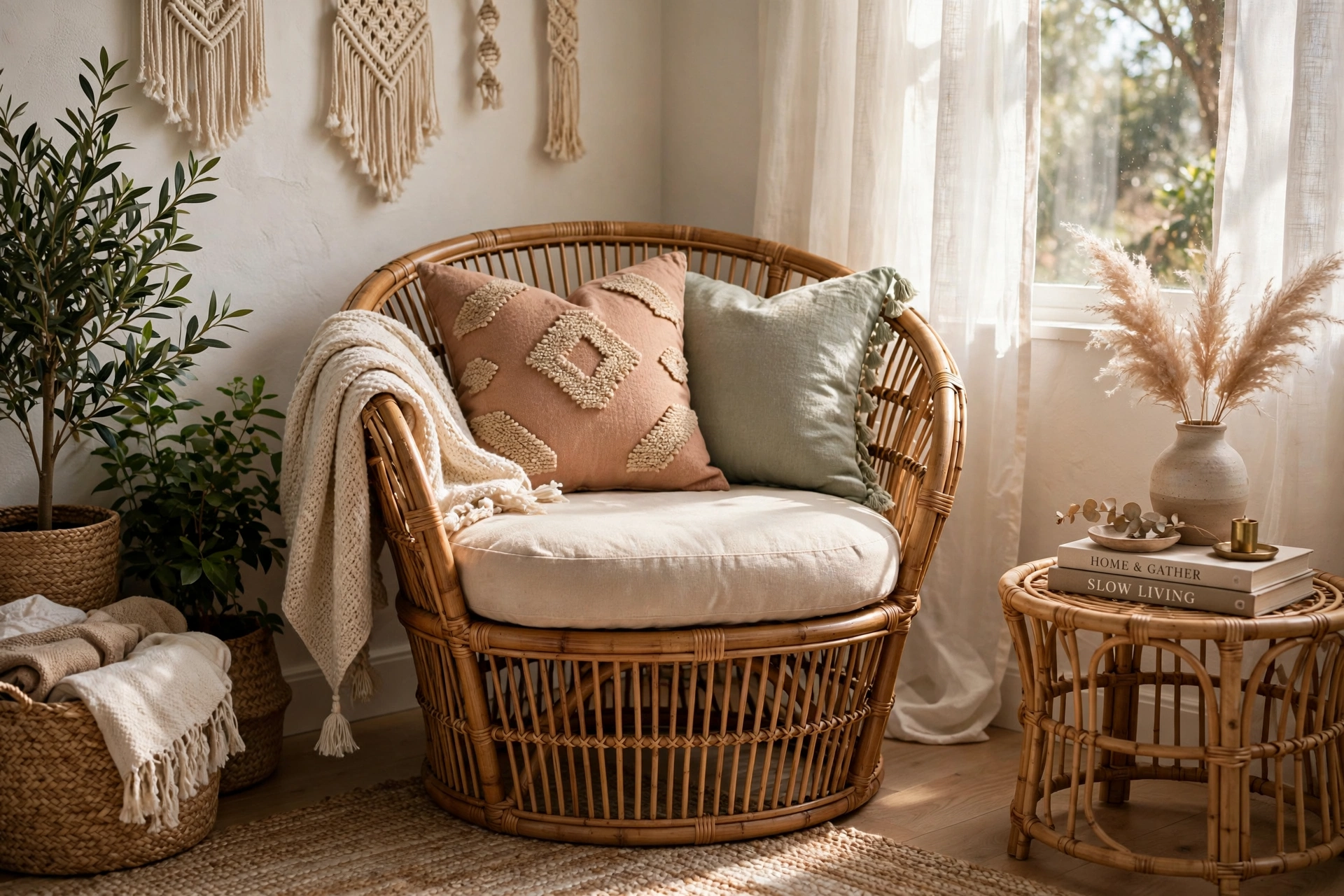 Rattan barrel chair with a cushion creating a breezy boho bedroom corner