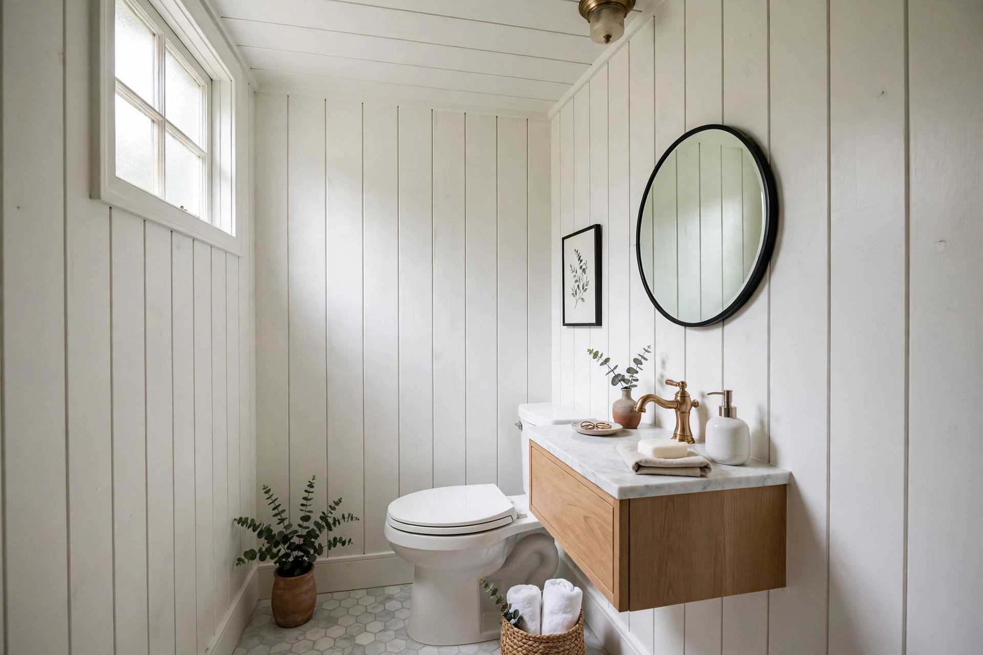 Vertical white shiplap boards in a small powder room with low ceiling