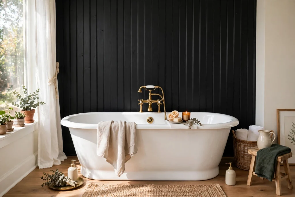 Black beadboard accent wall behind a white freestanding tub with brass hardware