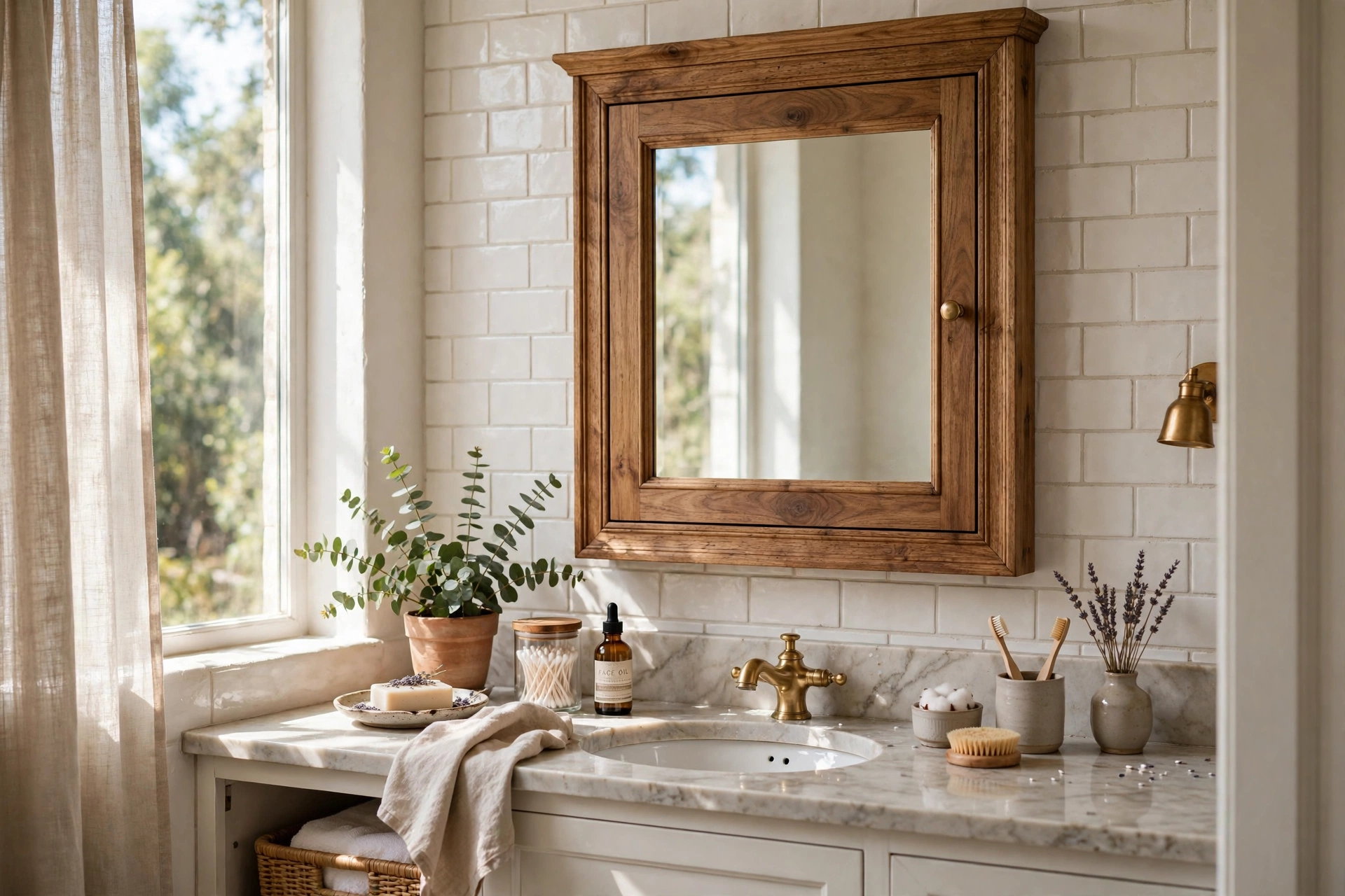 Wood-framed medicine cabinet that looks like a decorative wall mirror