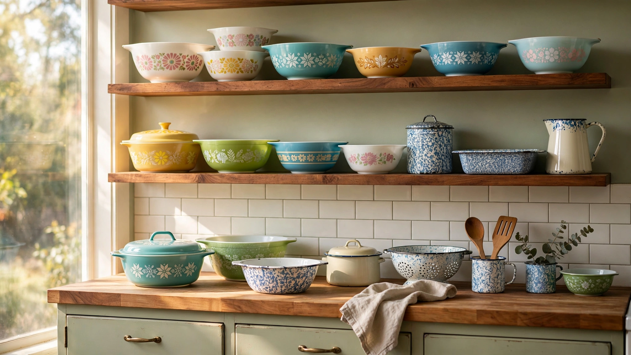 Open shelves displaying vintage Pyrex and enamelware in a retro kitchen