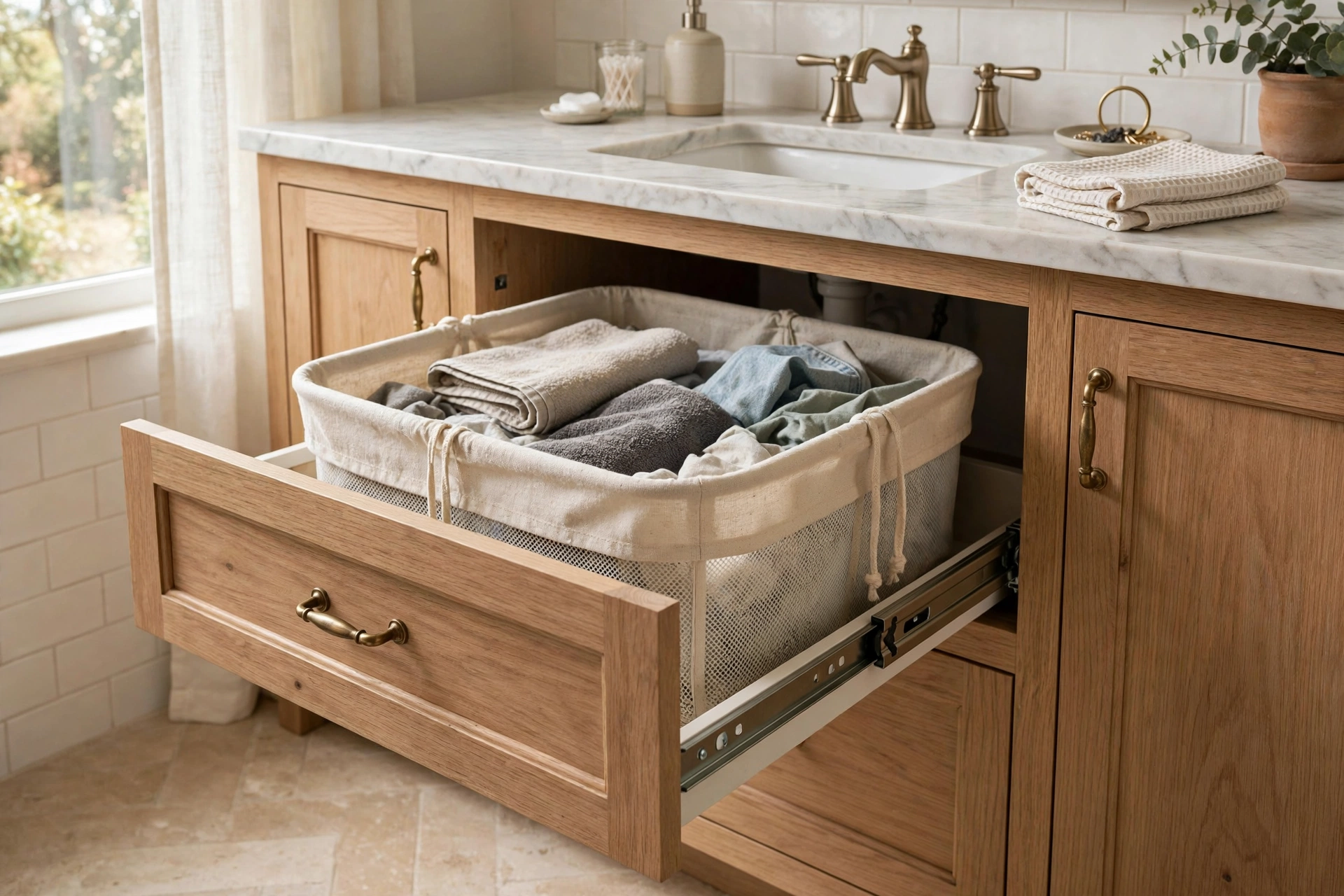Pull-out hamper drawer built into a bathroom vanity cabinet on full-extension slides