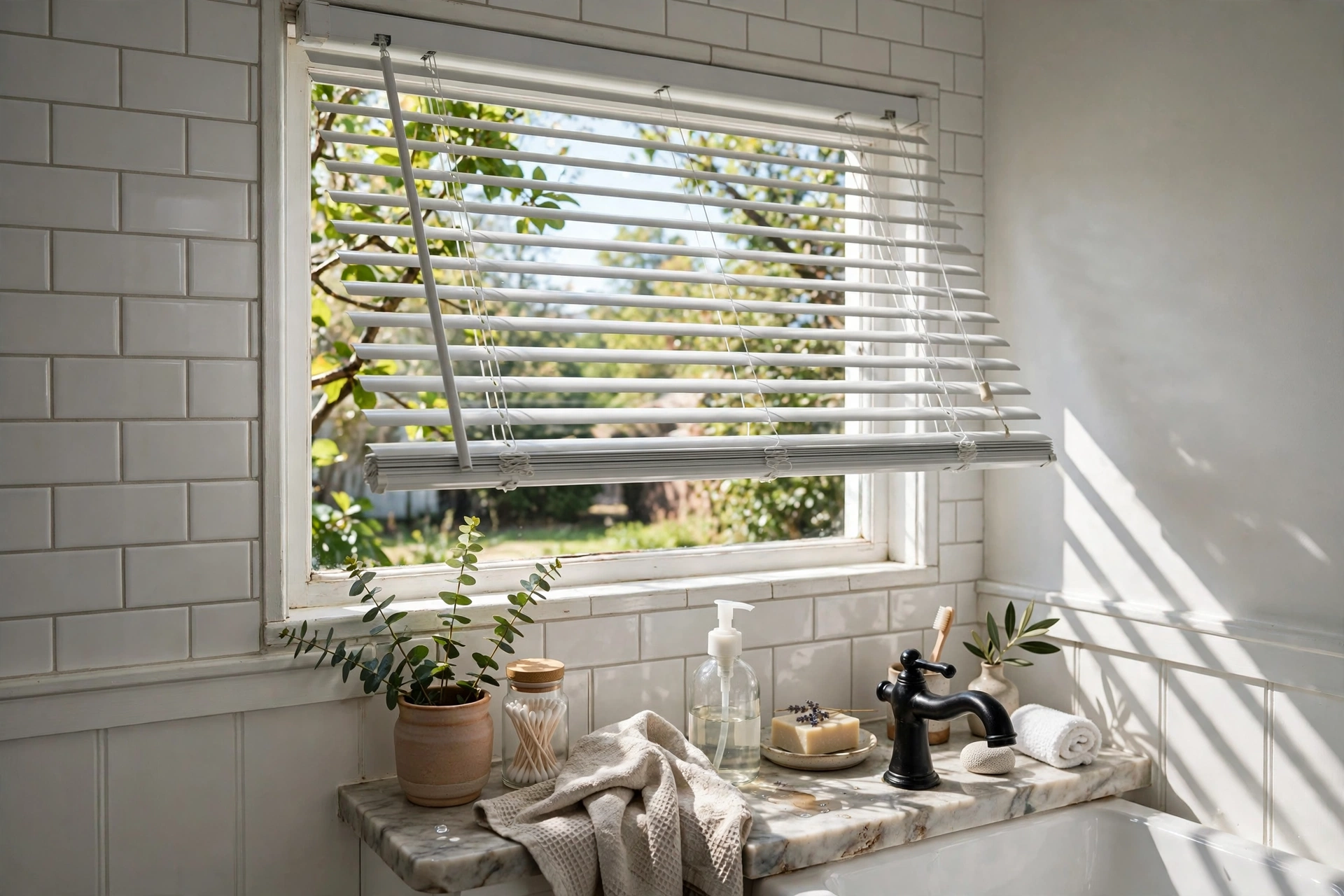 White aluminum mini blinds tilted open on a small bathroom window