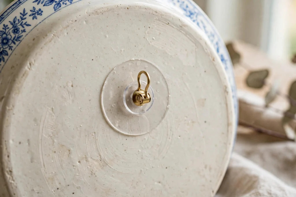 Close-up of adhesive disc hanger attached to the back of a decorative dinner plate
