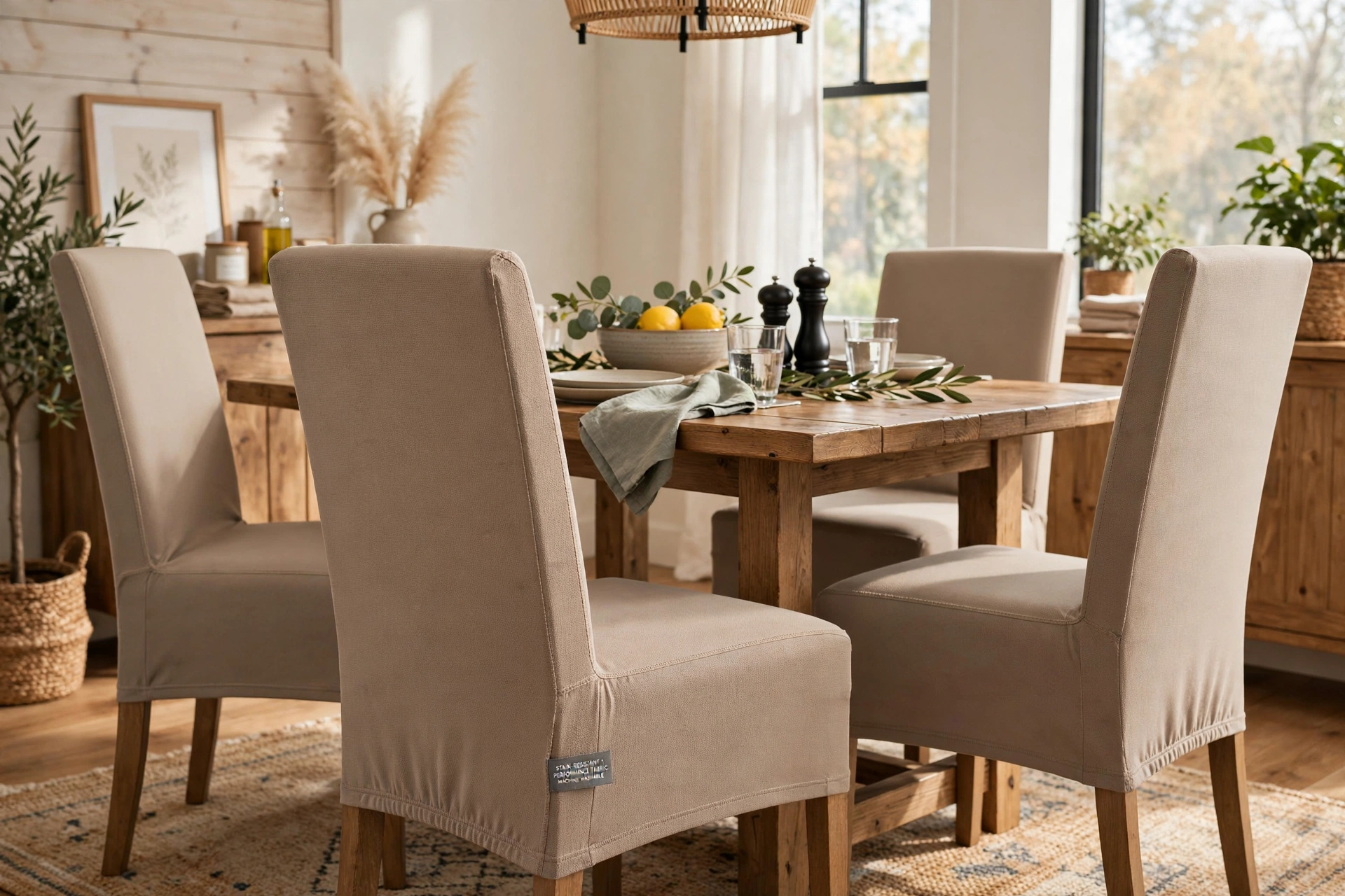 Stain-resistant performance fabric slipcover on dining chairs in a family dining room