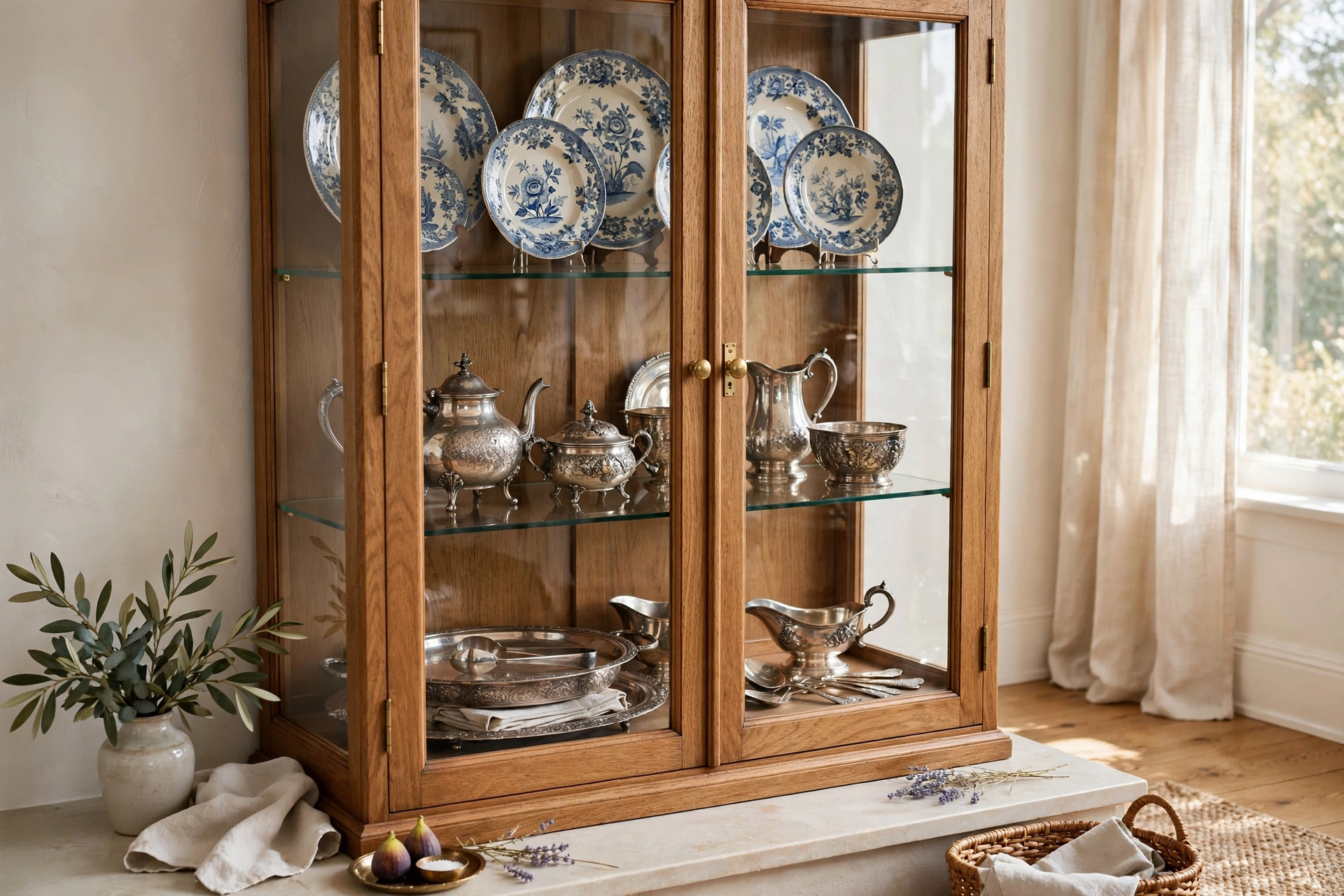 Glass-front cabinet displaying antique china plates and silver serving pieces