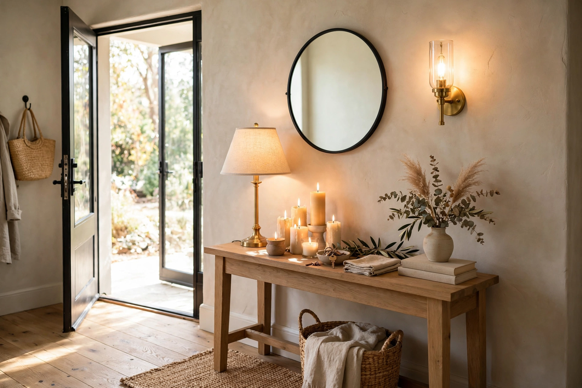 Entryway with console lamp layered alongside candles and a glowing wall sconce