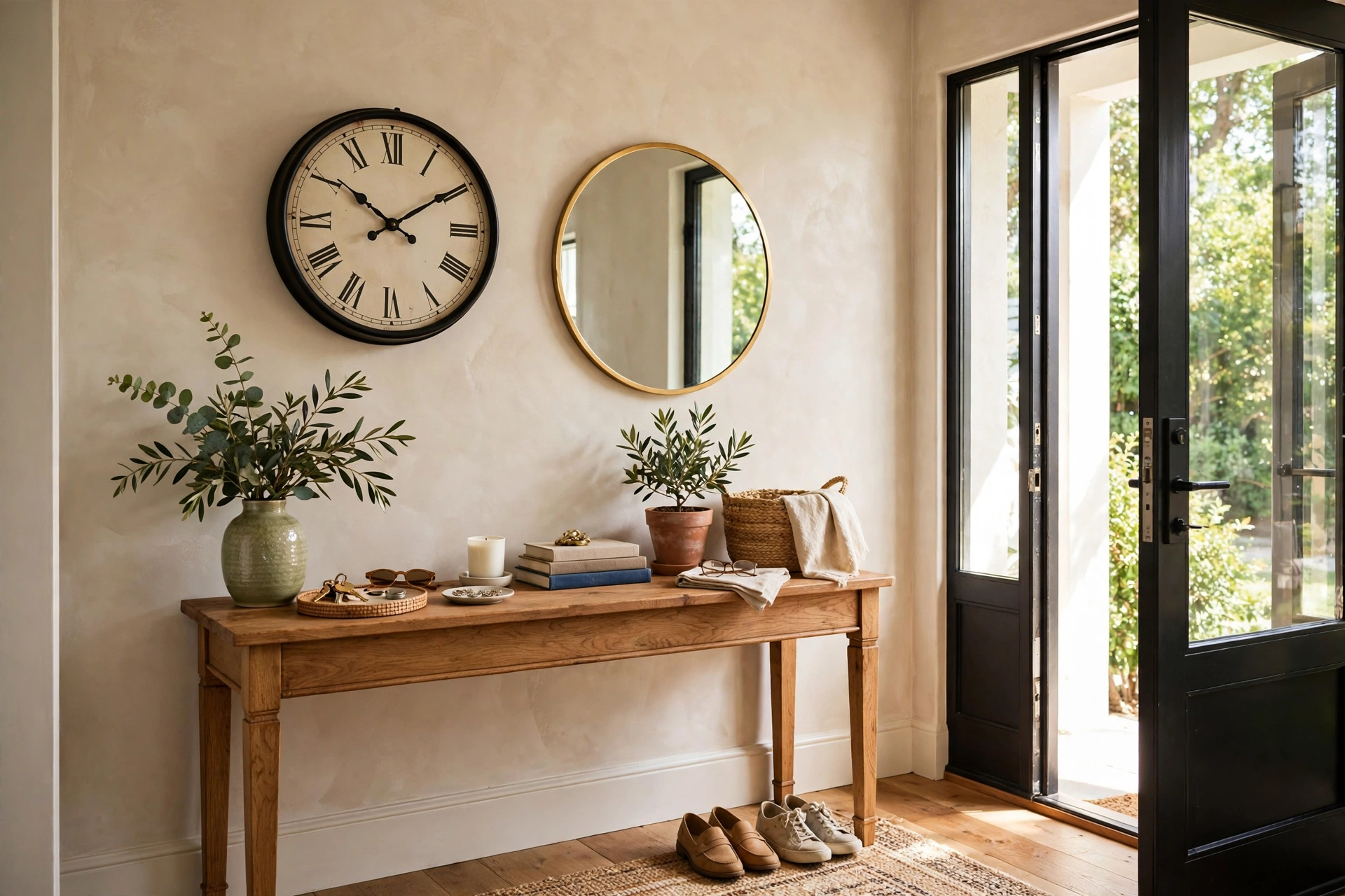 Wall clock hung beside a round mirror above an entryway console table
