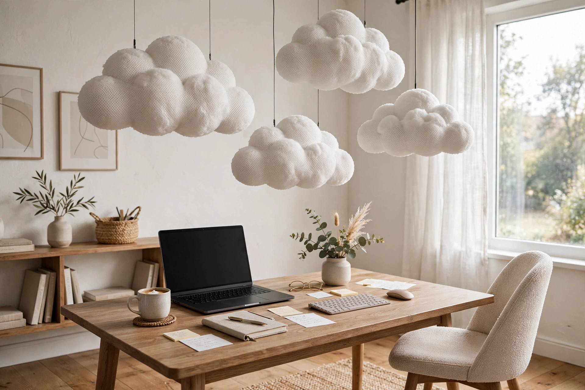 White acoustic cloud panels suspended above a home office desk