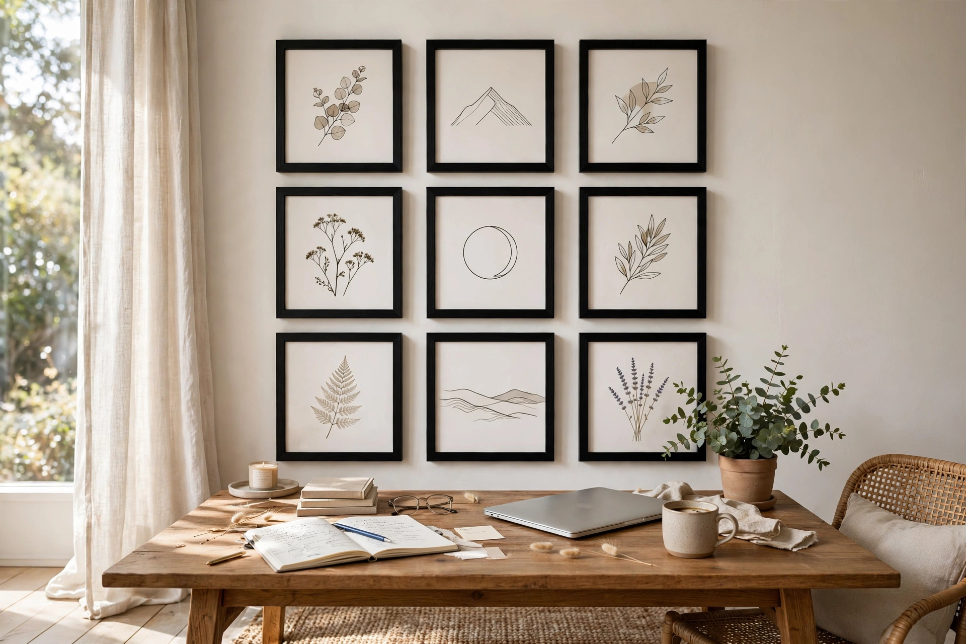 Grid of matching black frames forming a gallery wall behind a desk
