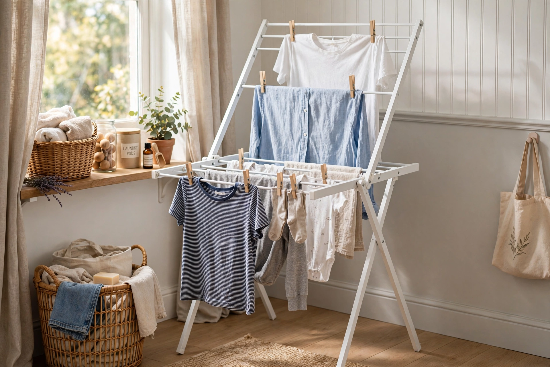 White folding A-frame drying rack standing in a laundry corner
