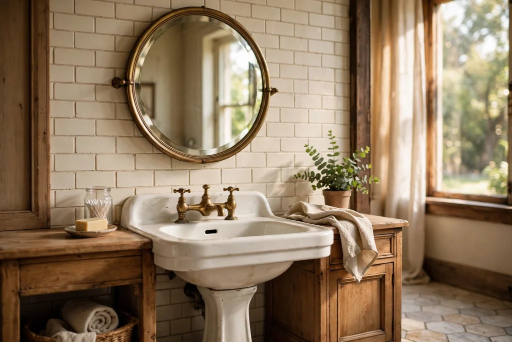 Round beveled mirror with brass frame above a vintage bathroom sink