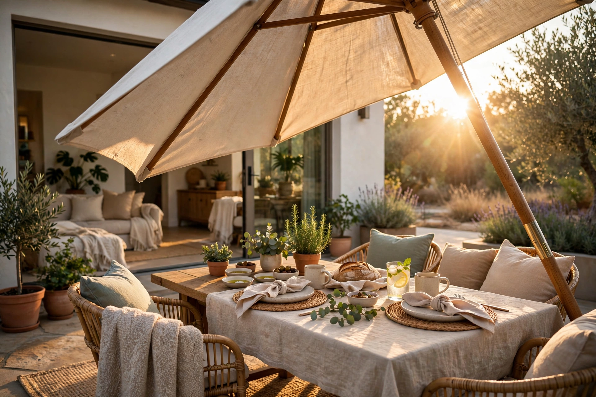 Tilted patio umbrella angled against low afternoon sun